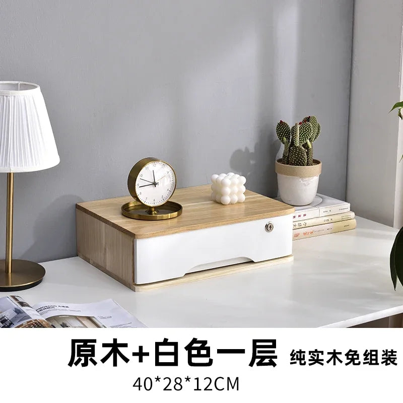 meuble tiroirs bois marron foncé blanc moderne minimaliste poignées métalliques rangement statuettes vases papier