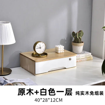 meuble tiroirs bois marron foncé blanc moderne minimaliste poignées métalliques rangement statuettes vases papier