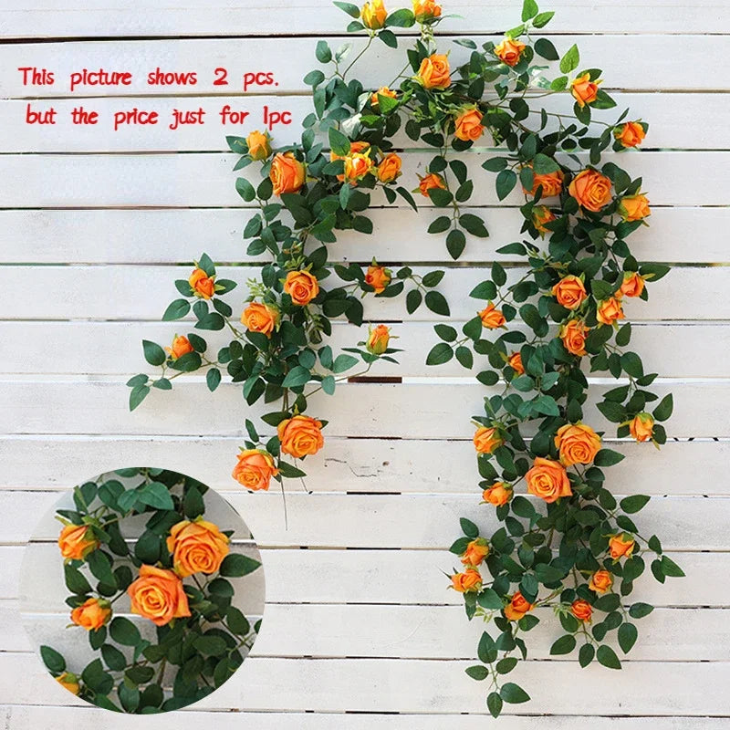 guirlande fleurs artificielles roses feuilles vertes extérieur accrochage naturelle rustique