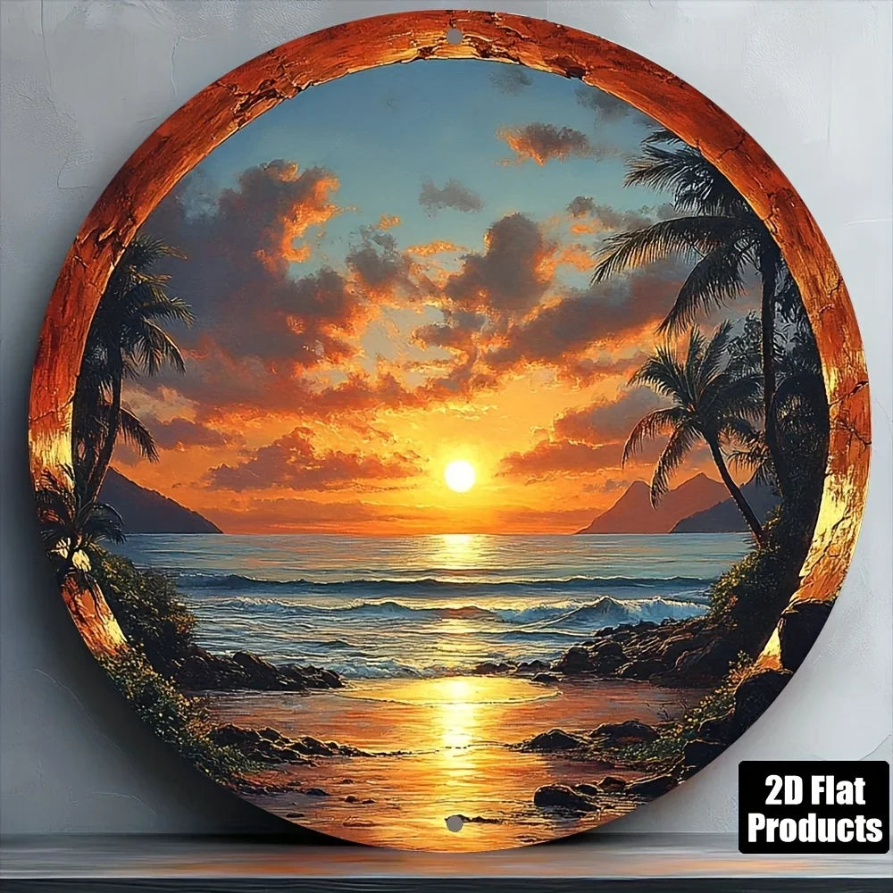 cadre mural vintage océan coucher soleil bleu gris marron bordure métallique vieillie 20x20cm