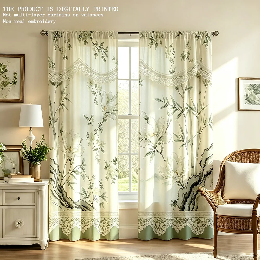 rideau imprimé fleurs feuilles dentelle semi transparent classique romantique salon anneaux métalliques polyester