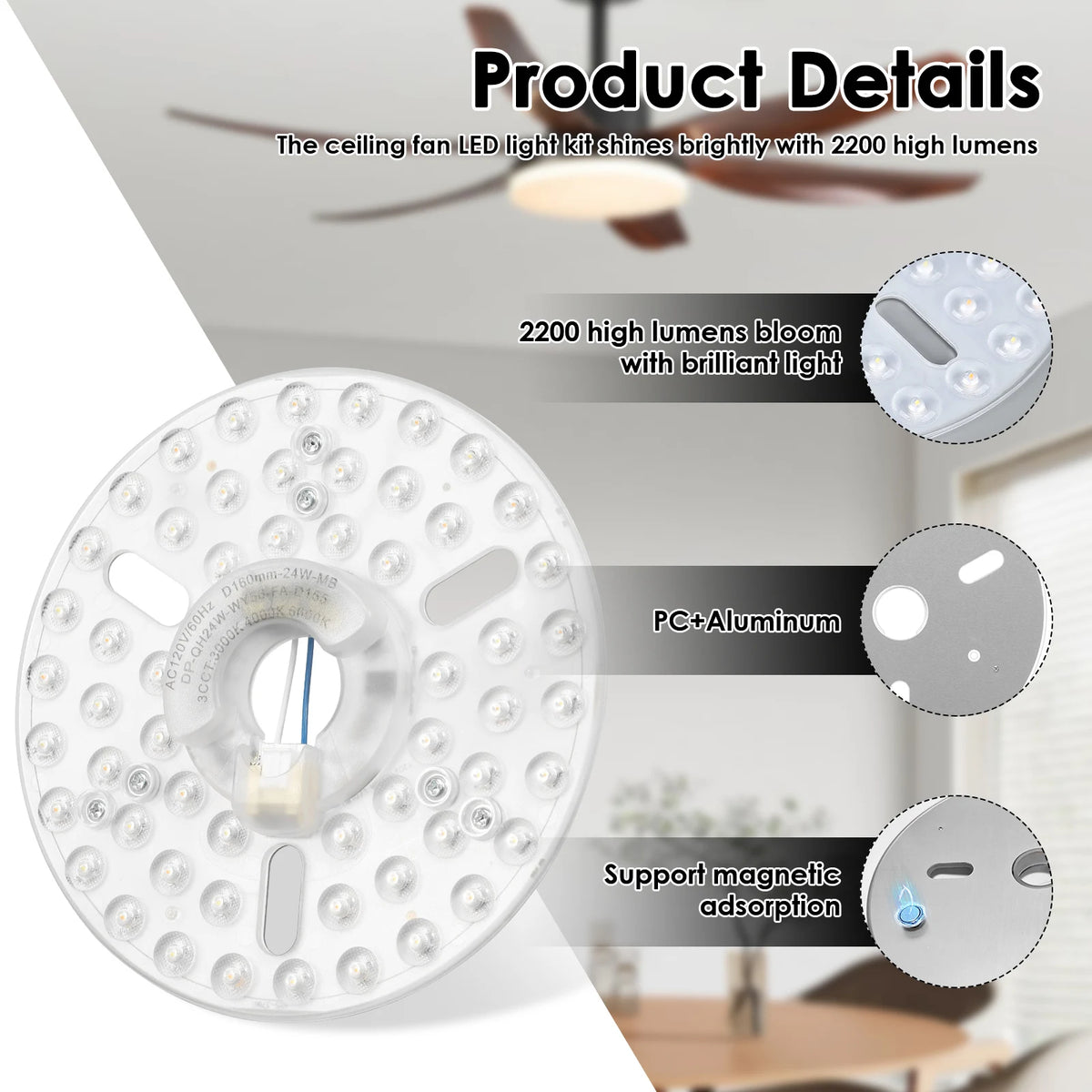 panneau led ventilateur 24w noir bois moderne clips magnétiques vis fixations 16cm