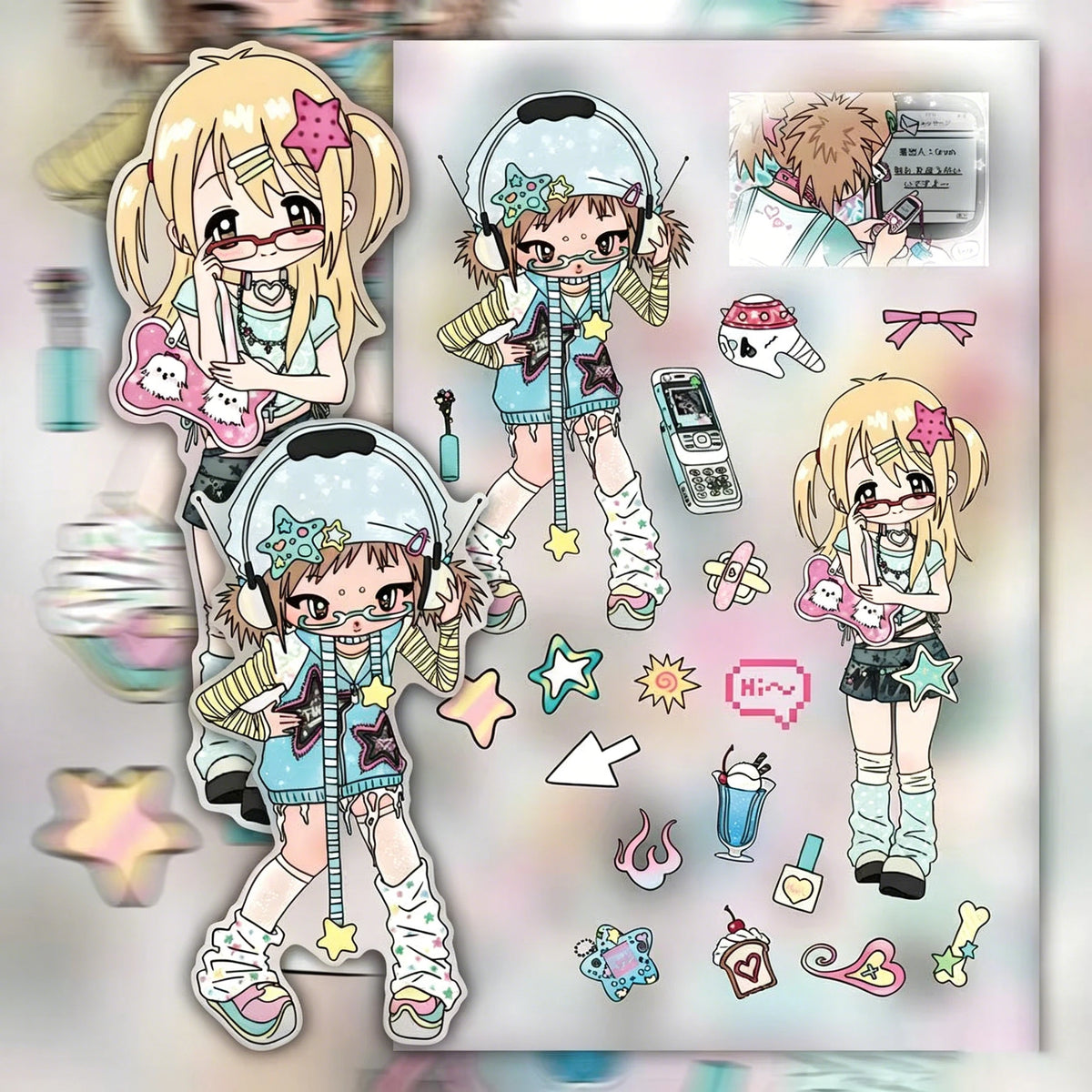 stickers autocollants pop art dessins animés personnages objets motifs imprimés rose beige blanc