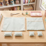 Literie maison poupée lit couverture taies oreiller jaune vert rayé dentelle pois rustique