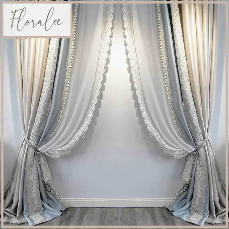 rideaux beiges bleus dentelle velours transparents élégants classiques maison salon
