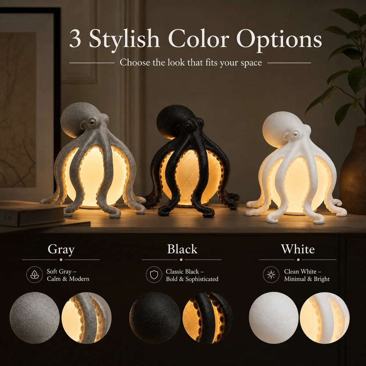 lampe table poulpe résine sculpturale led rechargeable usb gris noir blanc chambre