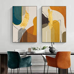 peinture abstraite contemporaine toile géométrique lignes ondulées coups pinceau dorés orange beige noir gris