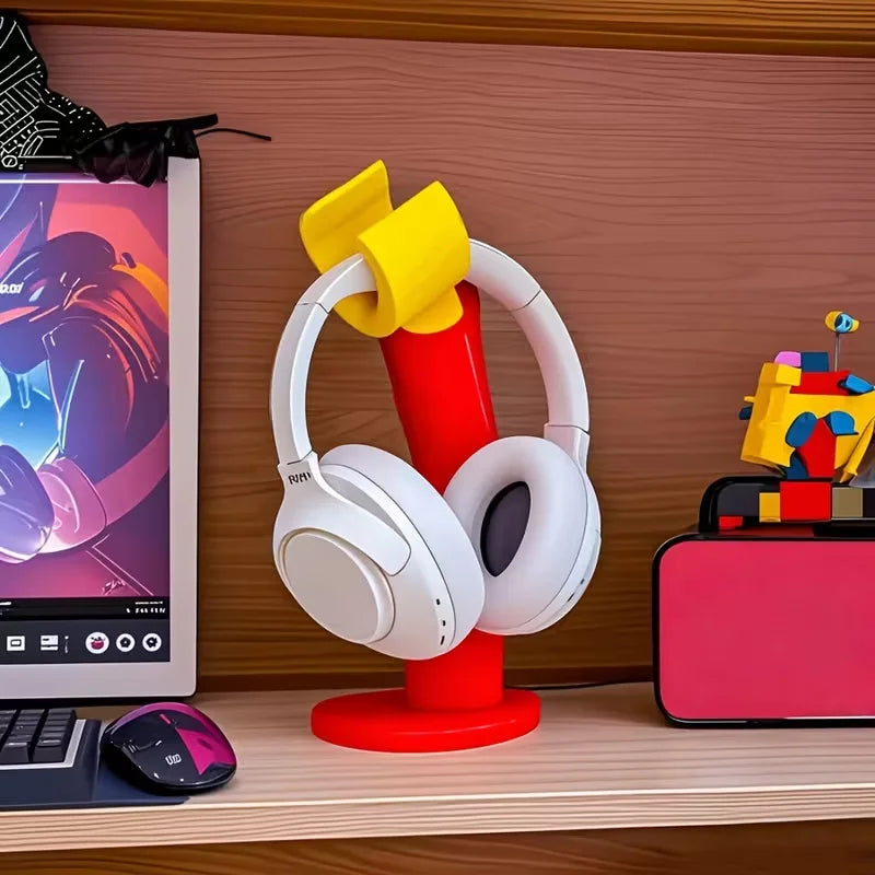 support casque audio porte livres moderne rouge jaune blanc minimaliste