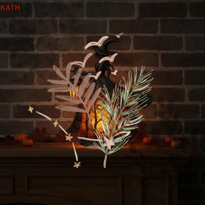 lampe décorative gothique lanterne sorcière halloween arbres coeurs araignées motifs floraux noire orangée