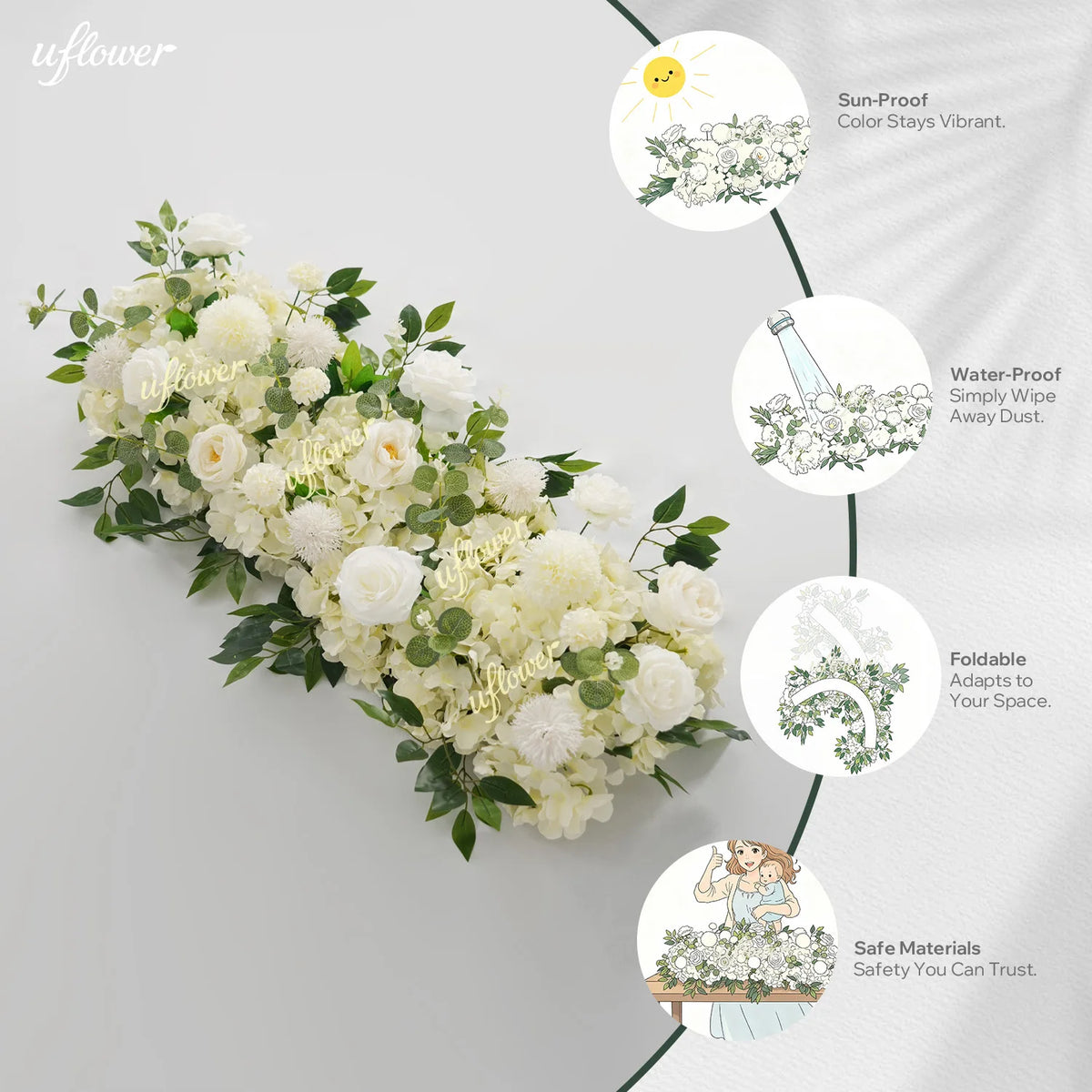 guirlande florale artificielle moderne décoration mariage anniversaire fête extérieure roses blanches vertes
