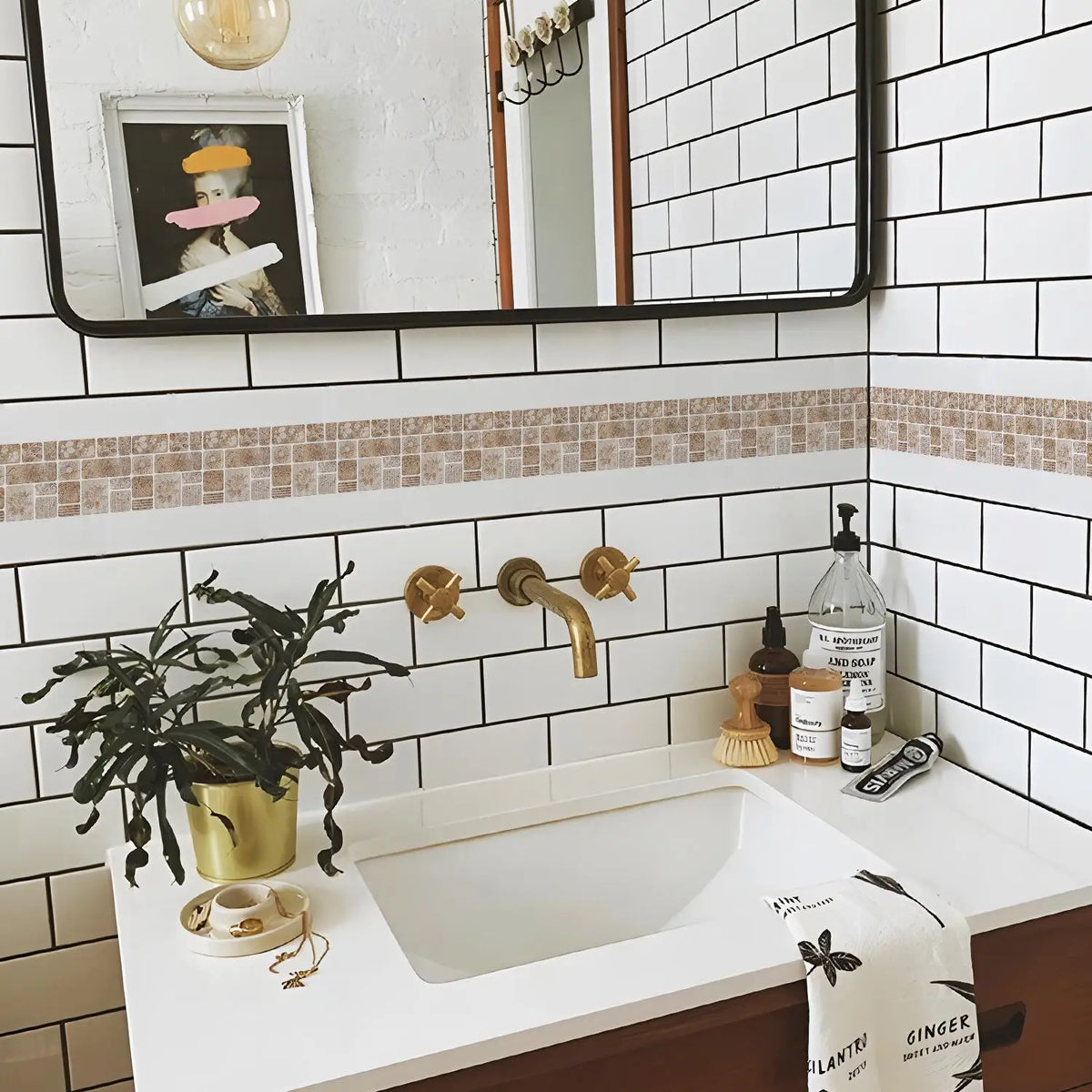 ruban autocollant moderne imitation bois beige gris marron clair carreaux céramique décoration mur border