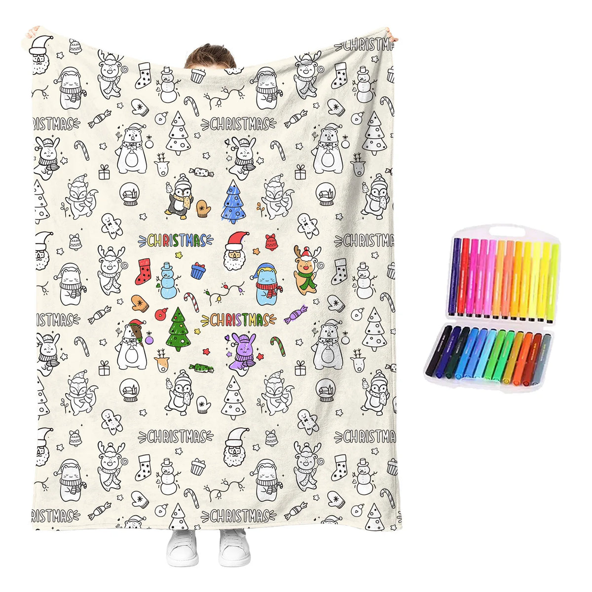 couverture colorier enfants motifs noël animaux crayons couleur texture douce moderne multicolore blanc gris