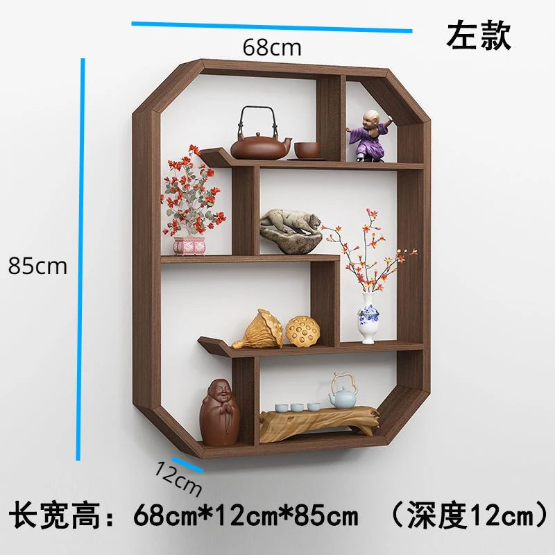 étagère murale bois naturelle moderne minimaliste marron foncé vases fleur théières céramique figural pierre