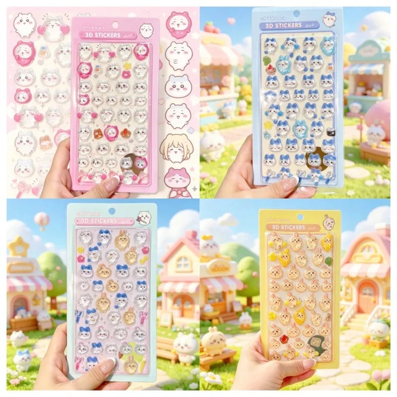 sticker 3d kawaii dessins animés chats lapins adhésif collection bleu rose jaune blanc