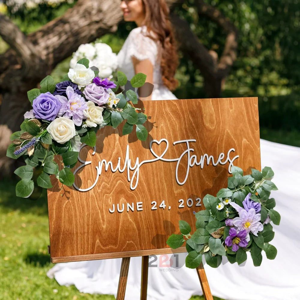décoration mariage boho panneau bienvenue fleurs artificielles eucalyptus bois texturéextérieur