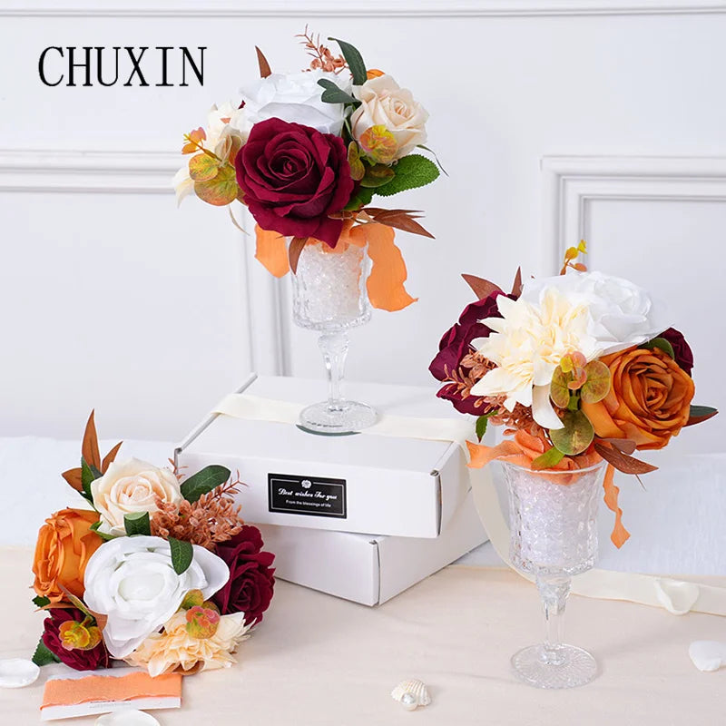 Bouquet artificiel fleurs velours rouge blanc orange vert classique adhésif ruban carte blanche
