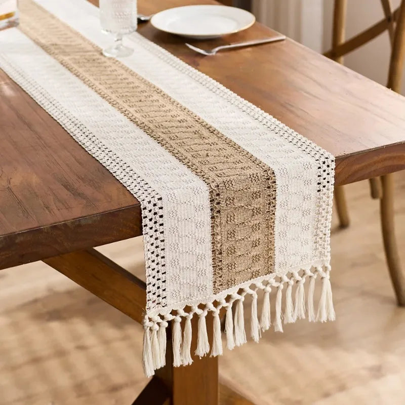 chemin table tressé rustique bohème beige marron blanc franges noel halloween pâques