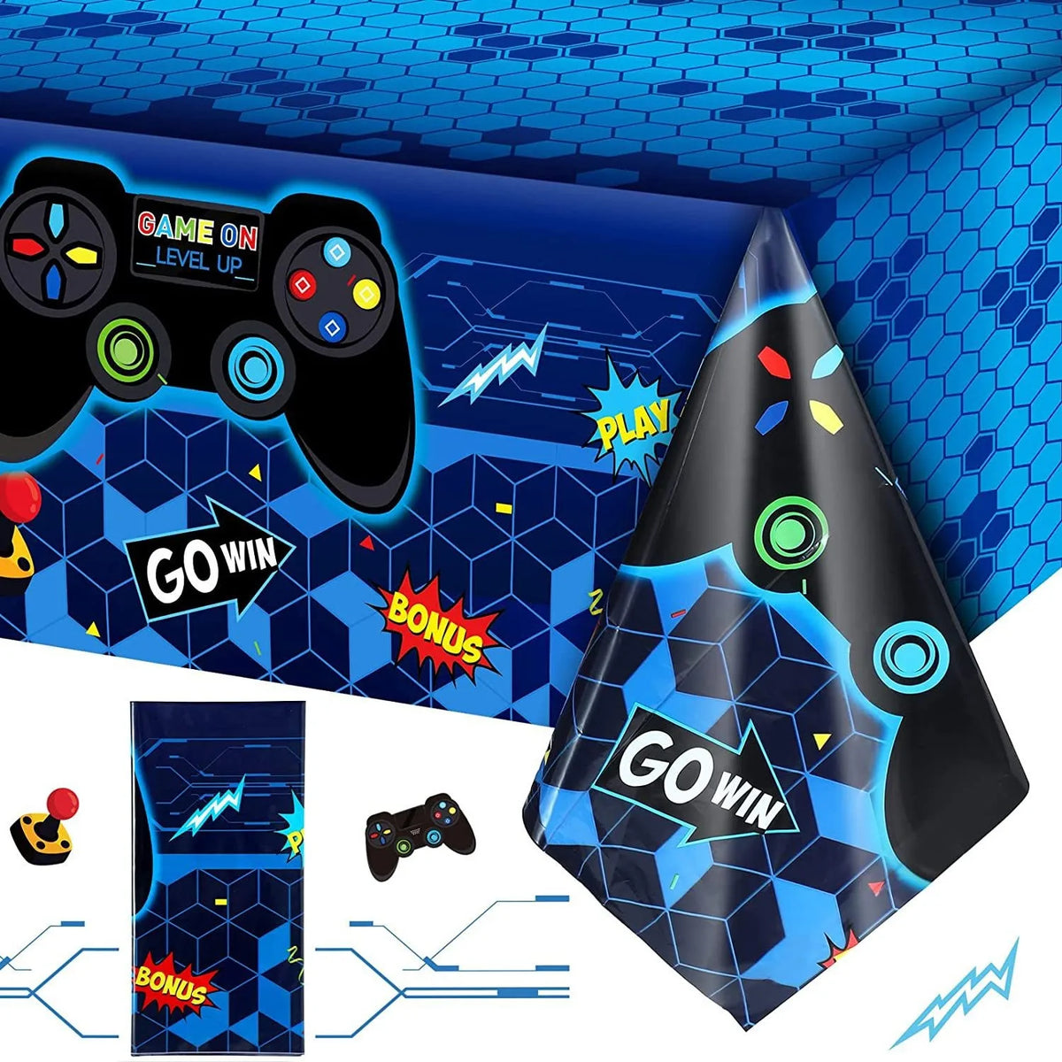nappe fête jeu vidéo tablecloth motif gamepad anniversaire enfants graphique hexagonal bleu rouge