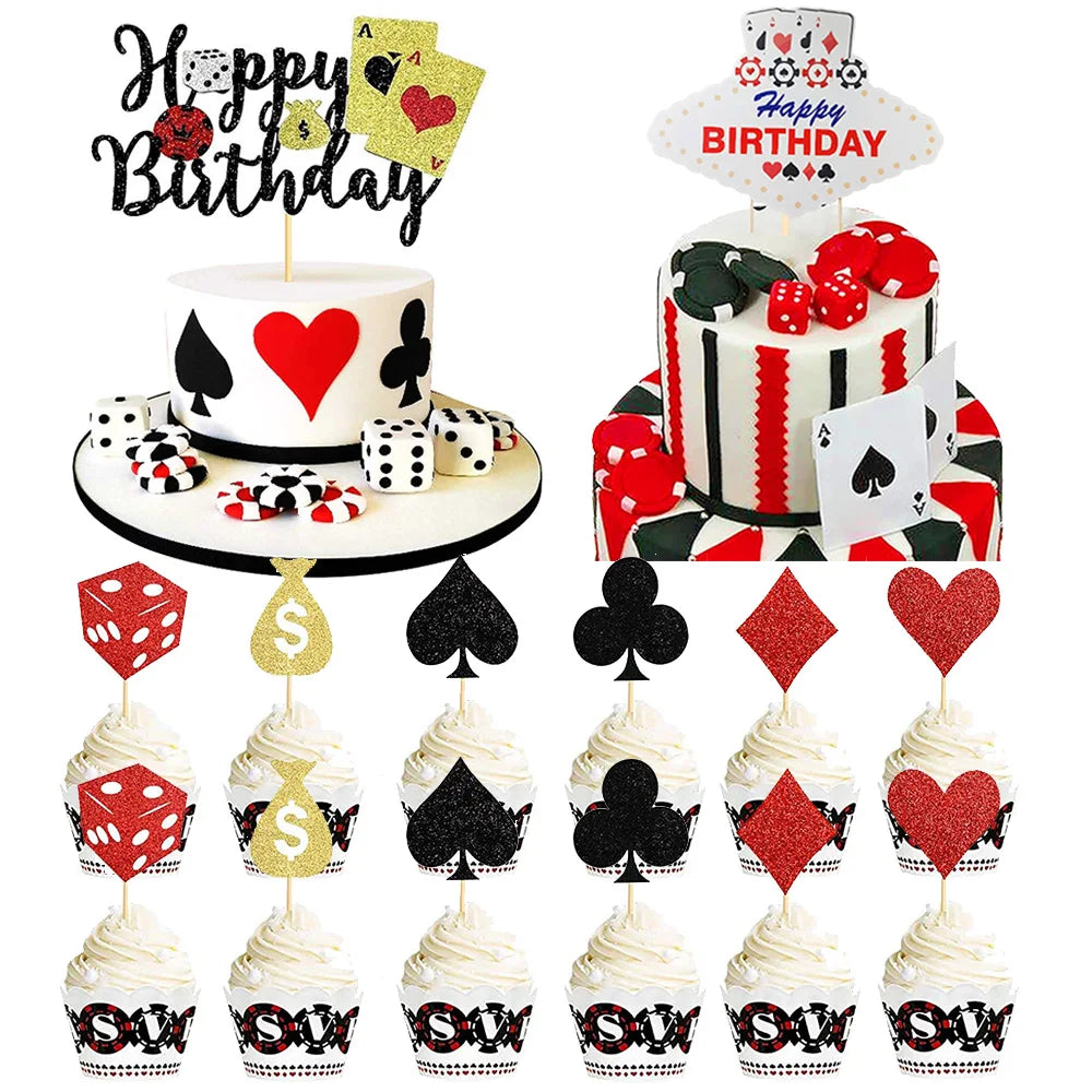 décoration gâteau cupcake thème casino cartes jouer dés jetons anniversaire fête noir doré
