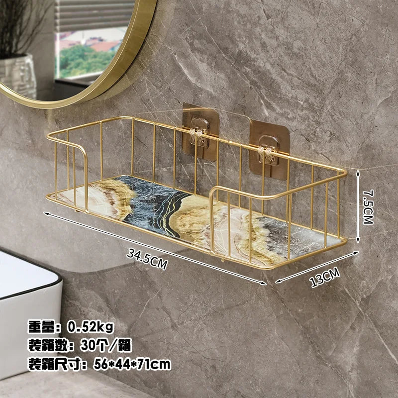 étagère murale adhésive or marbre moderne panneau verre métal cosmétique minimaliste