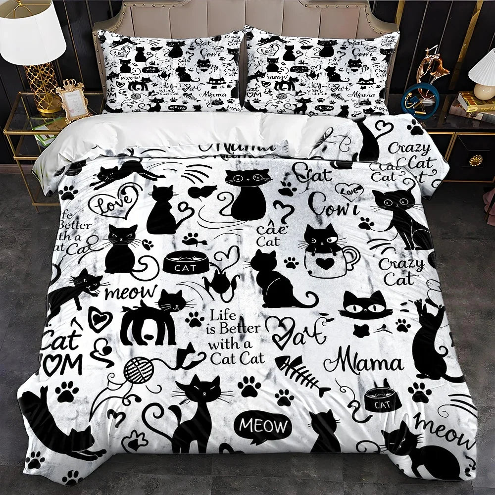 ensemble literie moderne chats noirs phrases blanches housse couette taies oreillers adultes machine