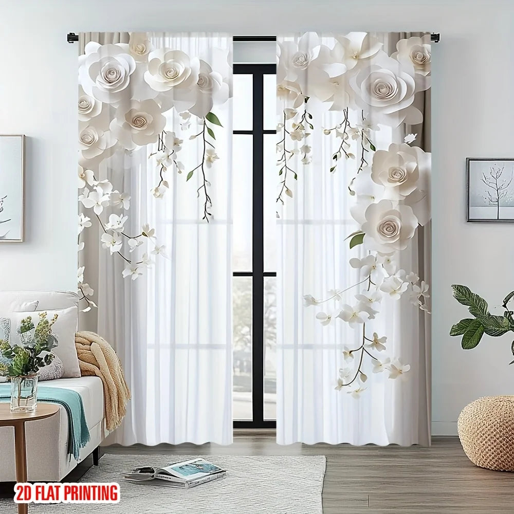 rideaux floraux semi transparents deux panneaux polyester modernes maisonDecorationFenetreCascadeOrchidees Roses