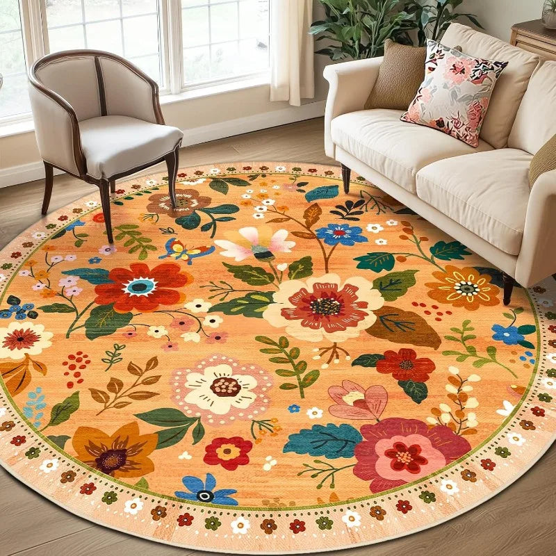 tapis rond moderne fleurs colorées noir orange bleu salon chambre extérieur 80x80cm 120x120cm polyester