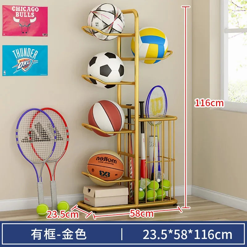 support rangement sport blanc noir doré raquettes balles tennis volleyball moderne minimaliste