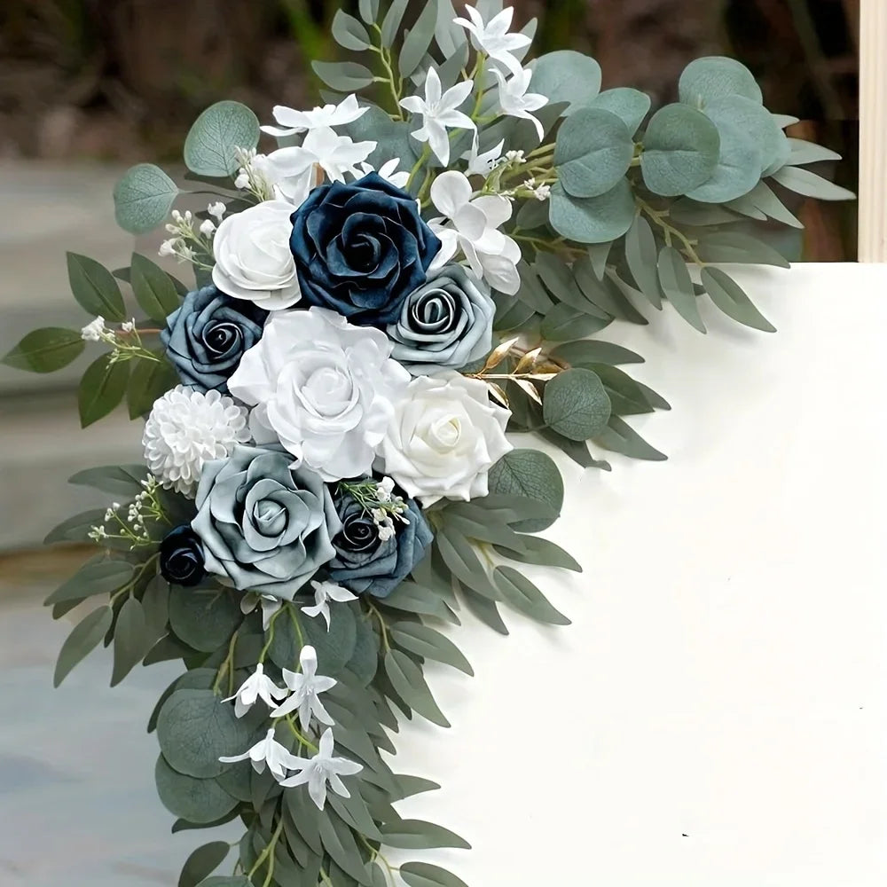 décorations florales artificielles mariage bleu roses feuilles eucalyptus extérieur romantique champêtre