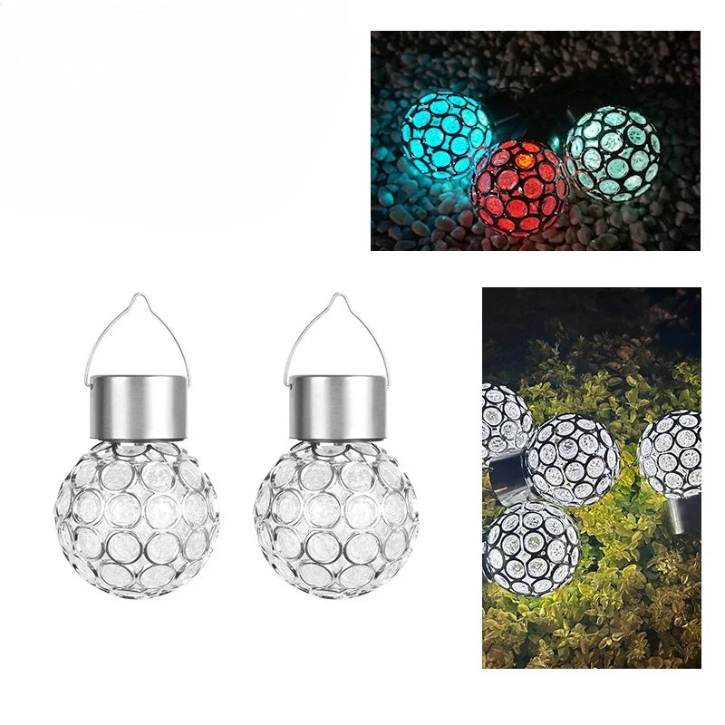 lumière solaire boule transparente motifs colorés moderne décoration extérieure jardin suspension anneaux métalliques