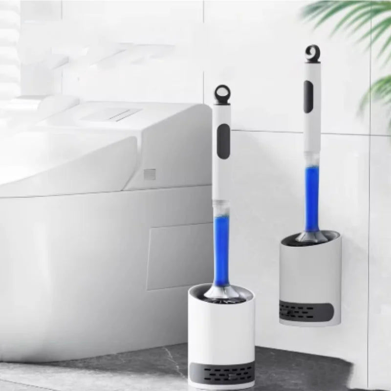brosse wc moderne poils noirs support mural blanc bleu noir adhésif poignée détachable bouchon
