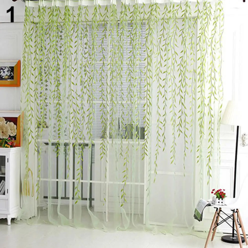 rideaux tulle transparents motif feuilles brodées romantique couleur verte violette fenêtre maison
