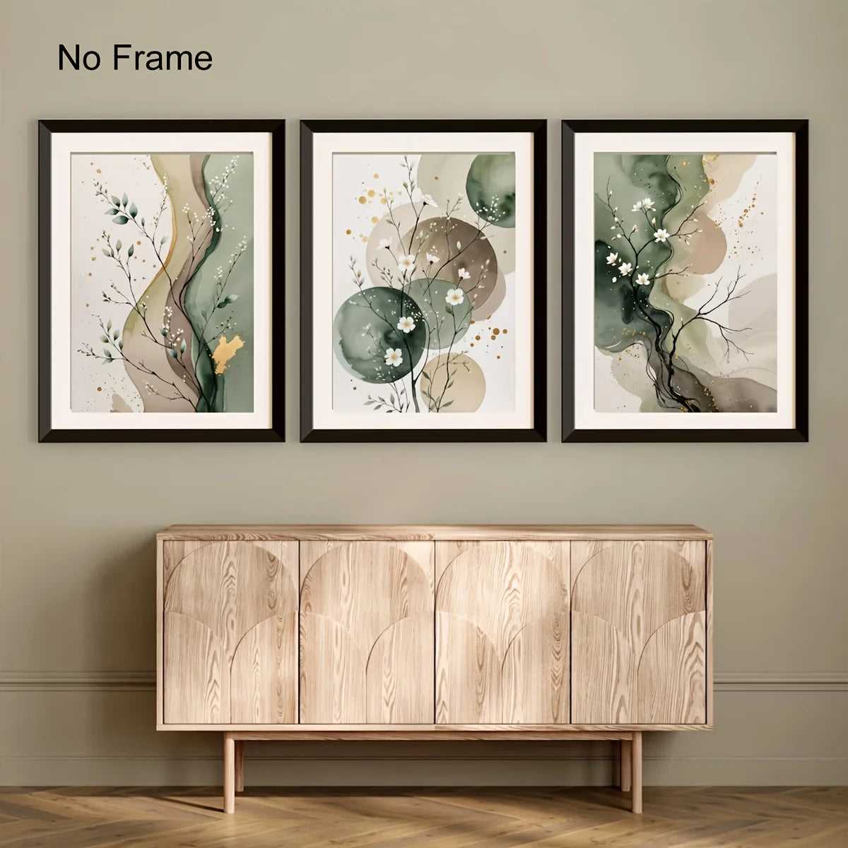toiles d'art abstrait modernes vertes cadres bois salon decoration minimalistes