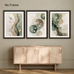 toiles d'art abstrait modernes vertes cadres bois salon decoration minimalistes