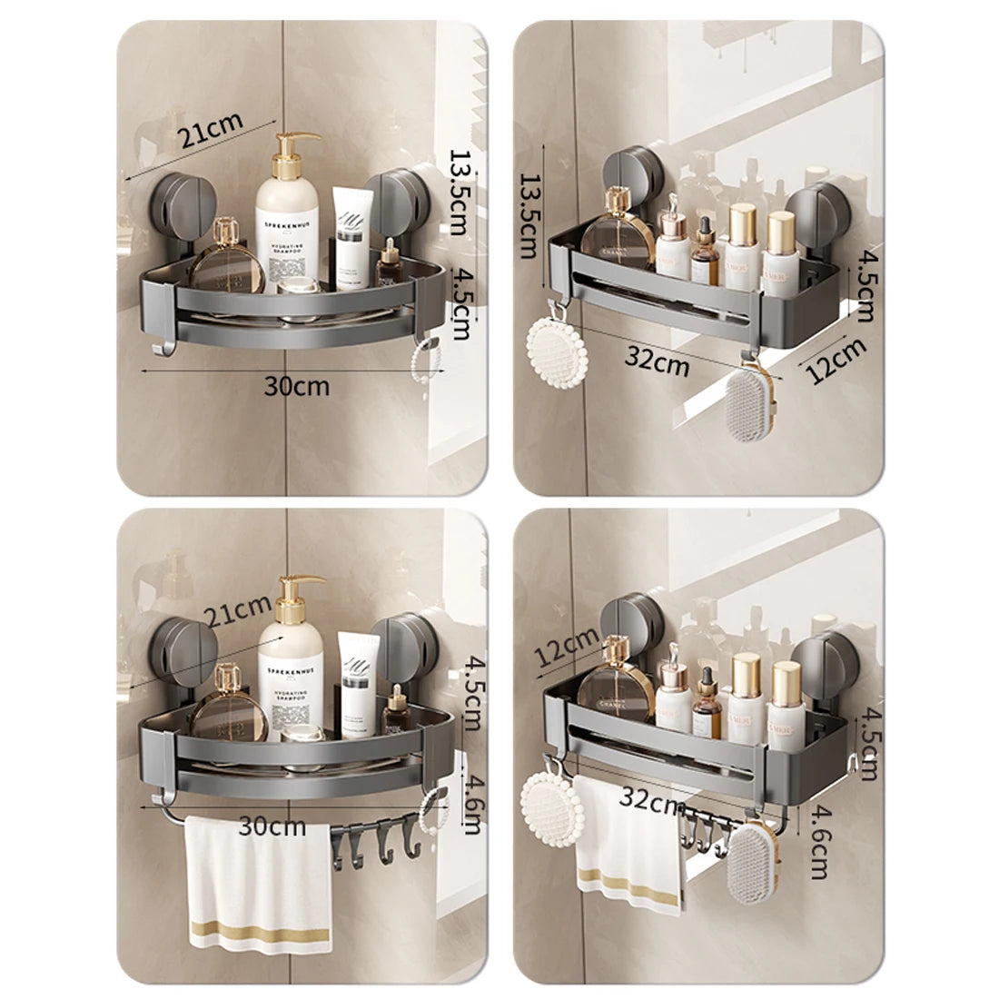 étagère salle bain angle ventouse aluminium gris moderne rangement douche serviette brosse dents crochets