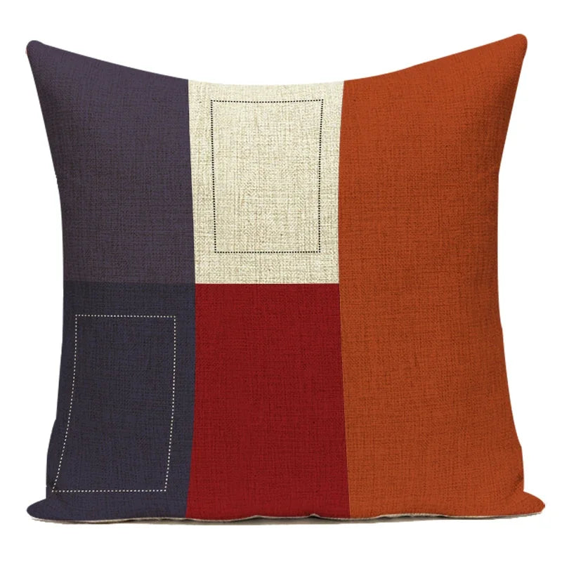housse coussin décorative carrée motif géométrique bleu marine rouge beige coton salon moderne