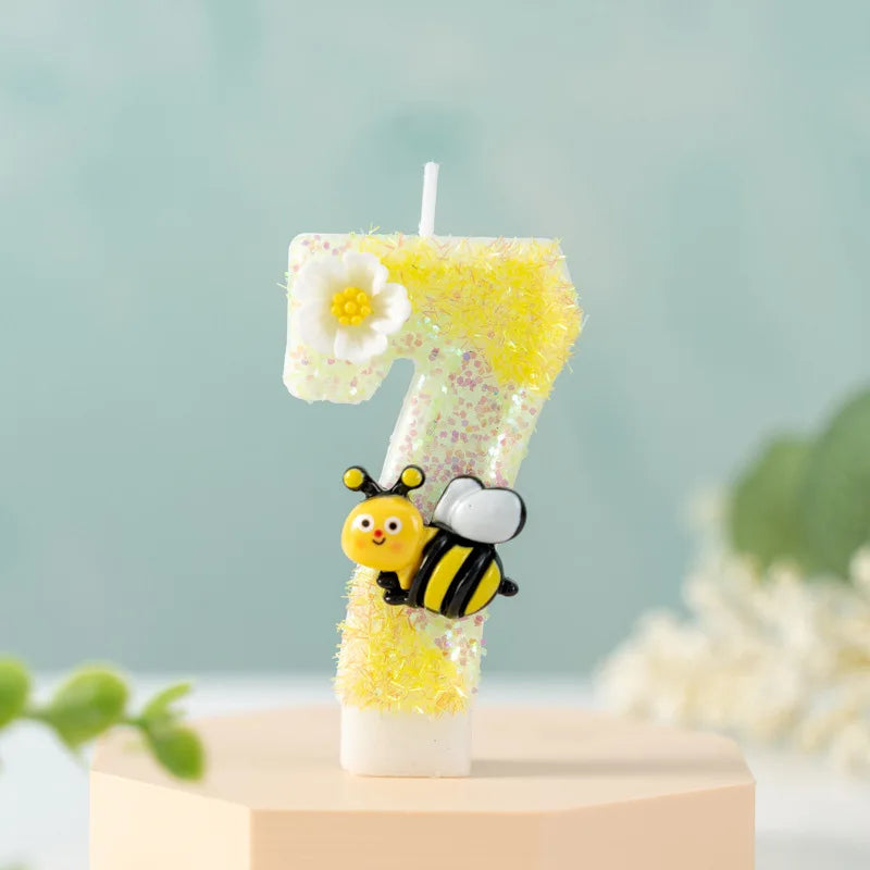 bougies forme chiffres jaune blanc noir fleurs abeilles décoratives enfants sucrerie couteau sucre boîte