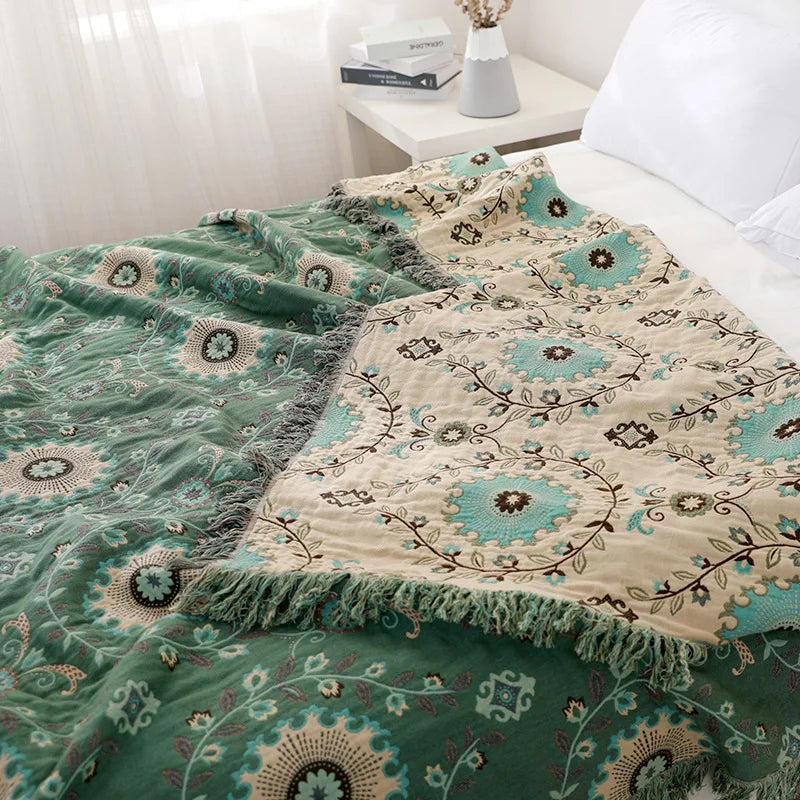 couverture coton jacquard fleur complexe vert beige marron rose traditionnelle hiver été canapé lit