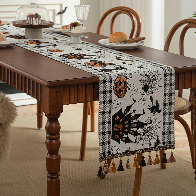 tableau halloween citrouille fantôme araignée château tassel blanc orange beige