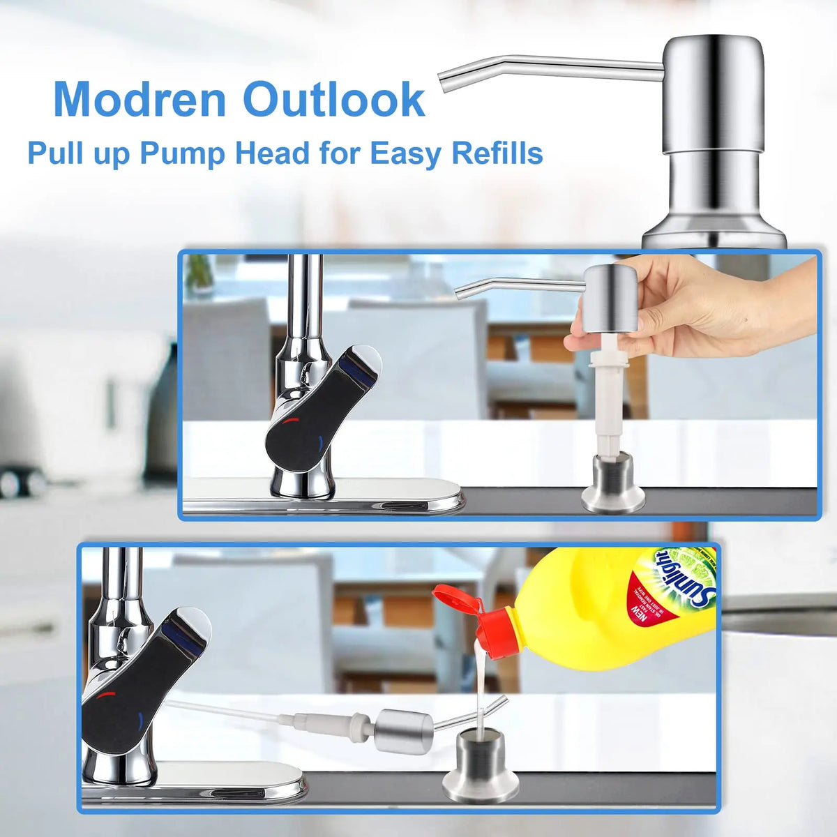 pompe liquide argentée moderne tube d'extension bouchons joints