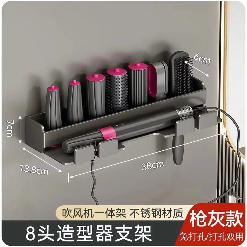 organisateur mural sèche cheveux brosses rouleaux coiffure gris blanc moderne minimaliste