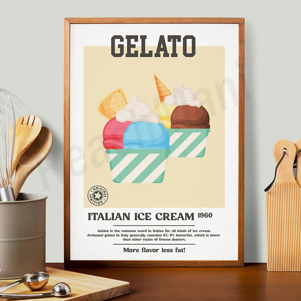 Affiche de crème glacée italienne vintage avec des boules de glace multicolores et la mention « Gelato ».