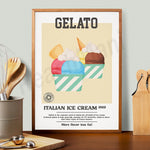 Affiche de crème glacée italienne vintage avec des boules de glace multicolores et la mention « Gelato ».