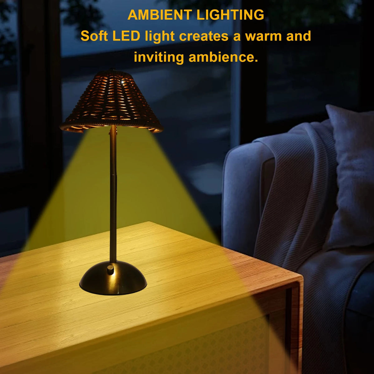 lampe table rechargeable led marron clair tissage rotin moderne rustique basse consommation adjustable