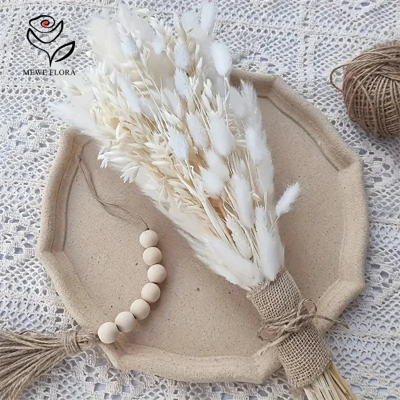 bouquet fleurs séchées pampas blanches décoration intérieure mariage anniversaire boho bois ruban jute vase