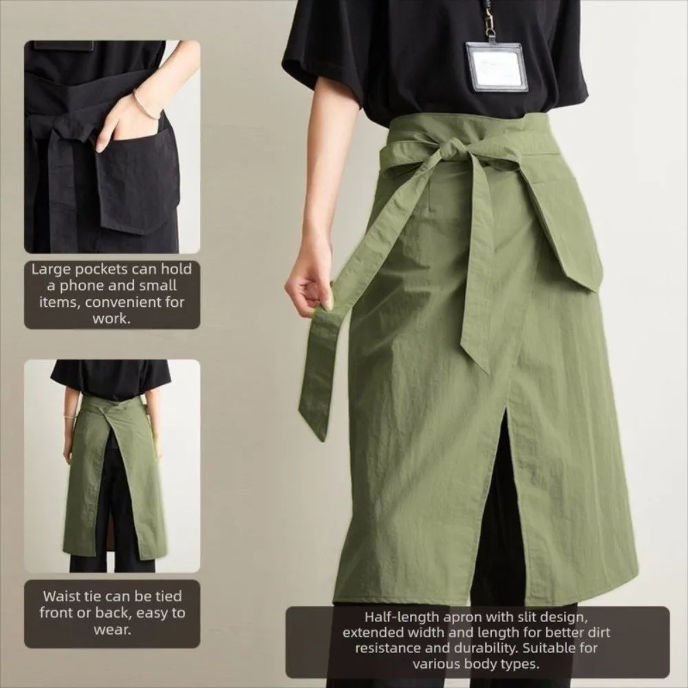 tablier coton uni minimaliste poche ceinture nouable noir vert olive utilitaire cuisine