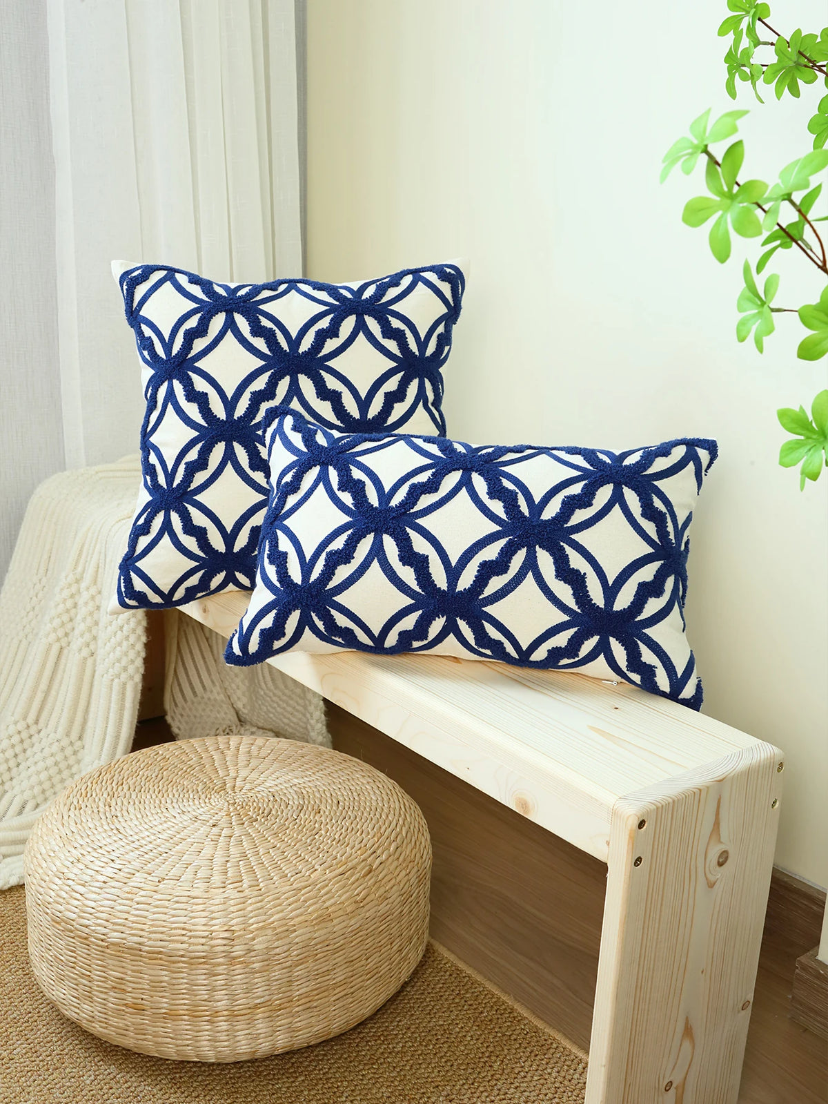 housse coussin géométrique bleu marine blanche moderne canapé siège voiture decoration tat polyester opaque