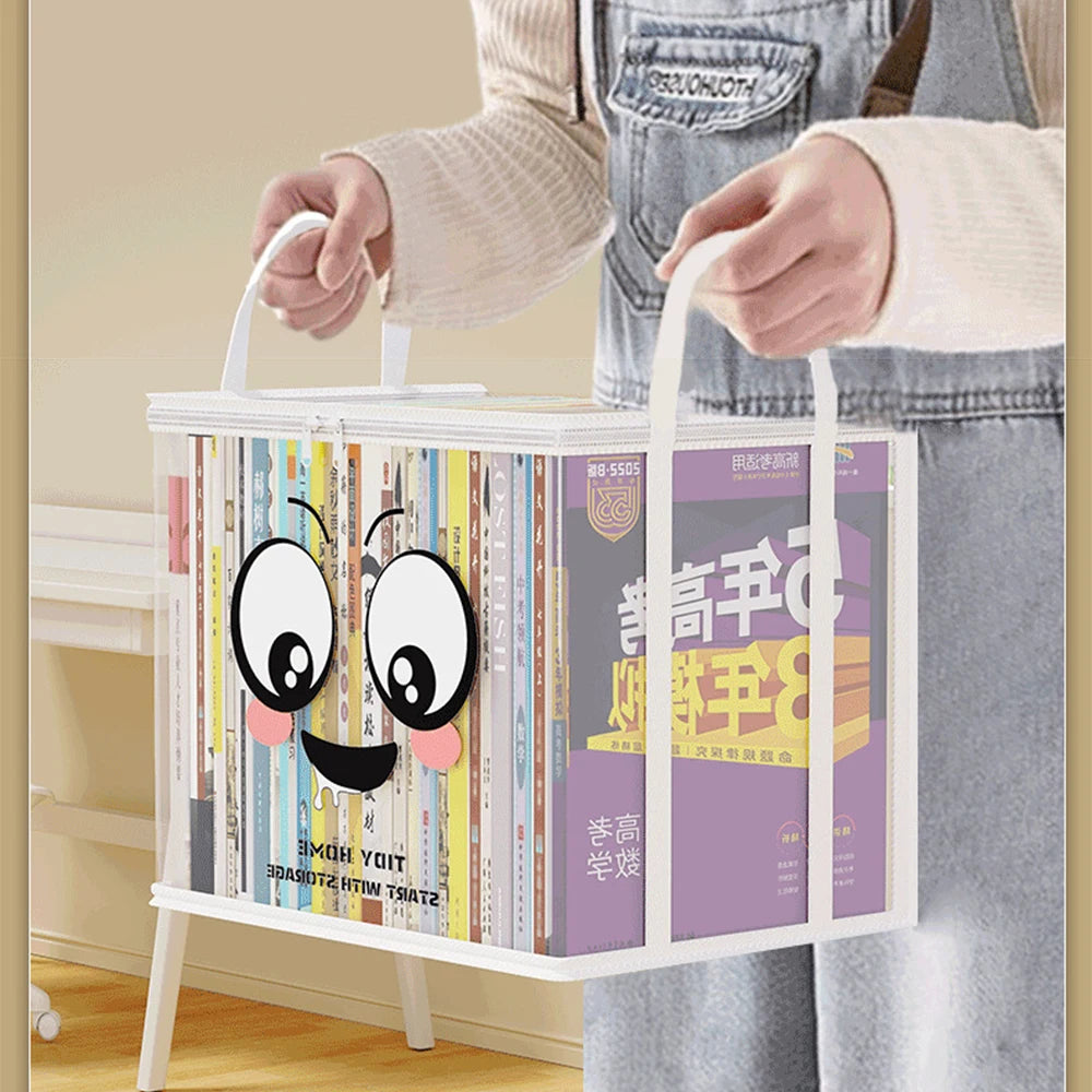boîtes rangement transparentes blanches souriantes poignées amovibles moderne étudiante chambre organisation livres