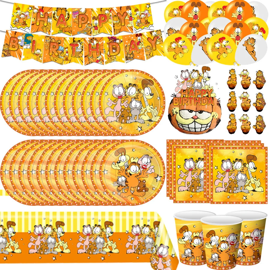 vaisselle jetable fête garfield dessins animés orange jaune nappe serviettes assiettes gobelets thème enfant
