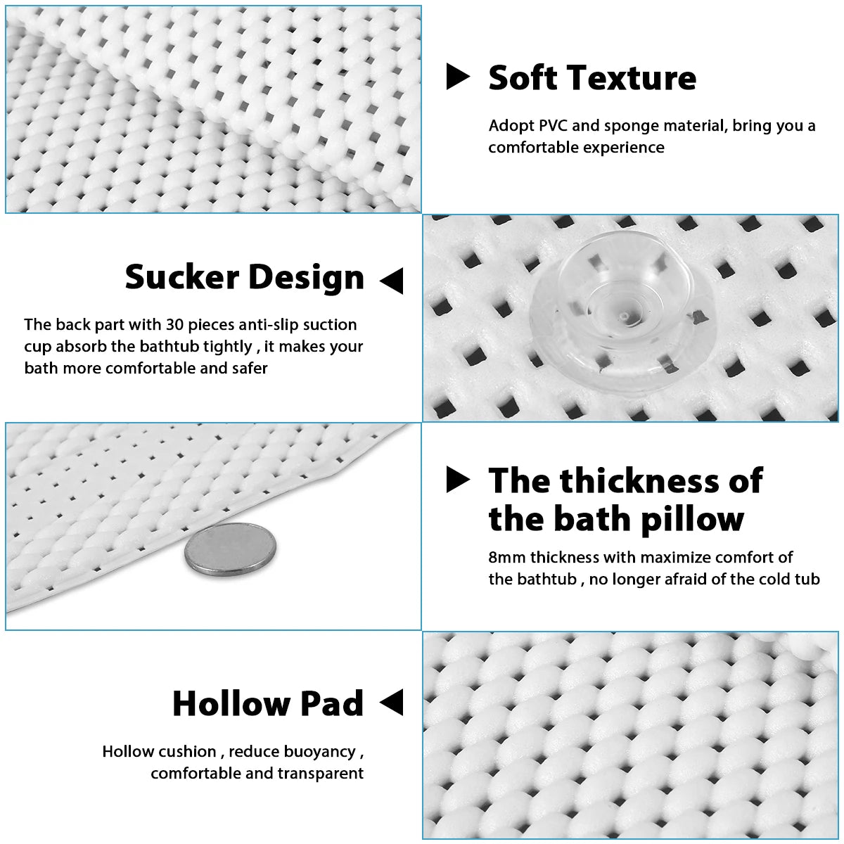 coussin bain blanc maille fine antidérapant suction cup confortable accessoire baignoire sécurité salle bain